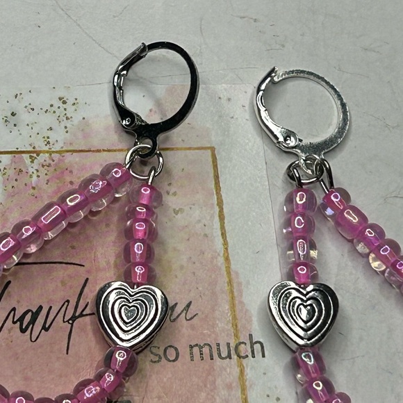 Pink Beaded Heart Earrings - Picture 2 of 3
